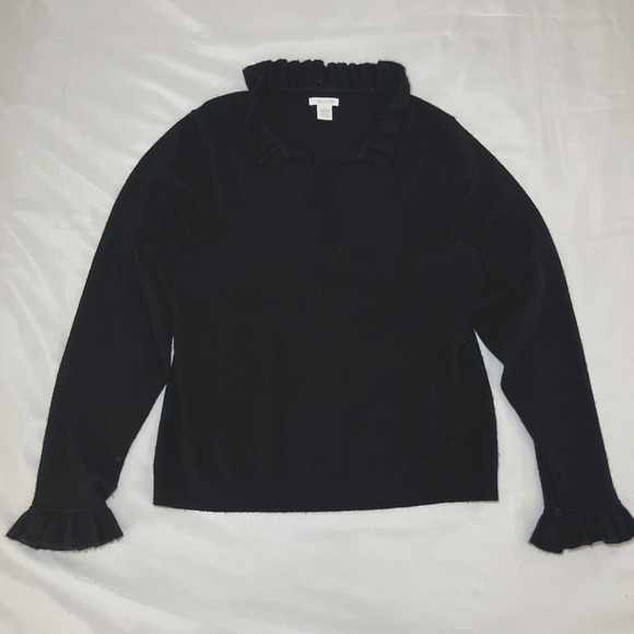 Marshall Fields Womens Cashmere Split Neck Sweater Size XL Black Ruffles *READ* - Picture 1 of 10